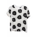 Black Big Flower Print Chiffon Short Sleeve T-Shirt