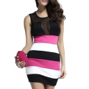 Color Block Striped Mesh Inserted Sheer Sleeveless Bodycon Dress