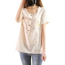 Cream Short Sleeve Double Pockets Giraffe Embroidered Button Fly Blouse