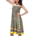 Fashionable Elastic Chest Knee Length Flower&Geometric Print Dress