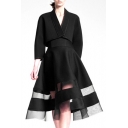 Black Sheer Mesh Panel High Waist Midi A-line Skirt