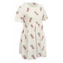 Red Delicate Flora Embroidered White Short Sleeve A-line Dress