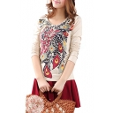 Print Round Neck Long Sleeve Fitted Top