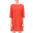1/2 Sleeve Orange Loose Column Round Neck Dress