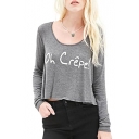 Gray French Letter Print Long Sleeve Crop Tee