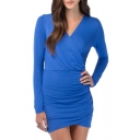 Blue V-Neck Wrap Long Sleeve Dress