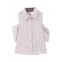 Pink&Blue Tiny Plaid Cold Shoulder Crop Shirt