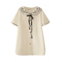 White Short Sleeve Flora Embroidered Layered Lapel Bow Neck Ruched Shirt