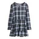 Plaid Round Neck Long Sleeve Fitted Mini Dress with Belted Back