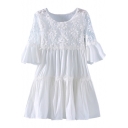 Short Flare Sleeve Lace Embroidered Flower Insert Smock Dress