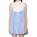 Lapel Sleeve Shirt Style Stripe Cutout Smock Dress