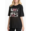 Black Rose and Letter Print Loose Short Sleeve Tee