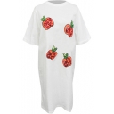 White Short Sleeve Sequins Apple T-Shirt Dress
