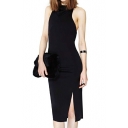 Black Backeless Bodycon Dress with Sleeveless and Side Slit
