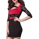 Color Block Lace Inserted 3/4 Sleeve Cutout Front Mini Dress