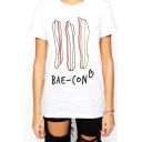 White Short Sleeve Bae-Con Print Fitted T-Shirt