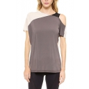 Color Block Short Sleeve Tee with One Shoulder Open