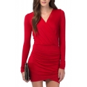 Red V-Neck Wrap Long Sleeve Dress