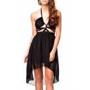 Sexy Halter Strappy Fitted Dress with Dip Hem and Open Back