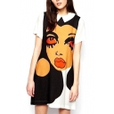 Short Sleeve Lady Face Abstracts Style Lapel Dress