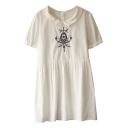White Short Sleeve Vintage Mirror Embroidered Babydoll Dress