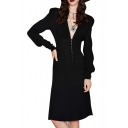 Plunge Neck Button Fly Detail Bell Sleeve Black A-line Dress