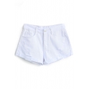White High Waist Distressed Cuffed Denim Shorts