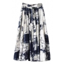 Dark Blue Pattern Print Bow Waist Midi Skirt