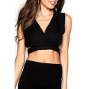 Black V-Neck Sleeveless Crop Top with Knotted Back