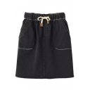 Black High Waist Drawstring Short Denim Skirt