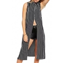 Black Striped Lapel Sleeveless Tunic Shirt