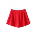 Red Plain Pleated Fake Pockets Shorts in Loose Fit