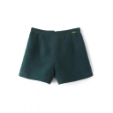 Dark Green Plain Zipper Back Woolen Shorts