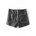 Wool Added Black PU Shorts with Zipper&Pockets