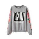 Gray Letter and Floral Print Round Neck Sweatshirt