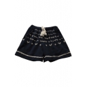 Dark Blue Drawstring Waist Flora Embroidered Cotton&Linen Shorts