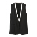 Sleeveless Contrast Trim Cotton Vest with Single Button