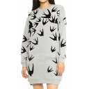 Swallow Print Round Neck Long Sleeve Tunic Sweatshirt in Loose Fit