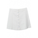 White Button Front Plain Short Denim Full Skirt
