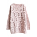 Geometrical Cable Knitted Mohair Round Neck Sweater in Loose Fit