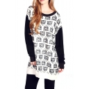 Color Block Style Fox Print Round Neck Long Sleeve Midi Loose Sweatshirt