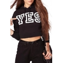 Letter Yes Print Long Sleeve Crop Hooded Pullover