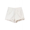 Simple White High Waist Hot Cuffed Denim Shorts