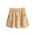 Beige Lace Trim Ethnic Embroidered Drawstring Waist Culottes