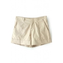 Khaki Plain Pleated Zippered Fitted Shorts