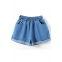 Light Blue Fold Cuff Elastic Waist Loose Denim Shorts