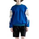 Embroidered Feather Wing Round Neck Long Sleeve Sweatshirt