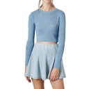 Plain Round Neck Long Sleeve Crop Ribbed Knitted Sweater