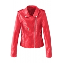 Red Cool Style Inclined Zipper Fly Lapel Motorcycle PU Jacket