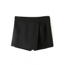Black Plain Pleated Asymmetric Hem Shorts
